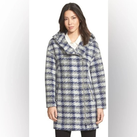 Soia & Kyo Kym Wool Blend Check Plaid Zip  Jacket Hooded Coat Sz Medium - Picture 2 of 12